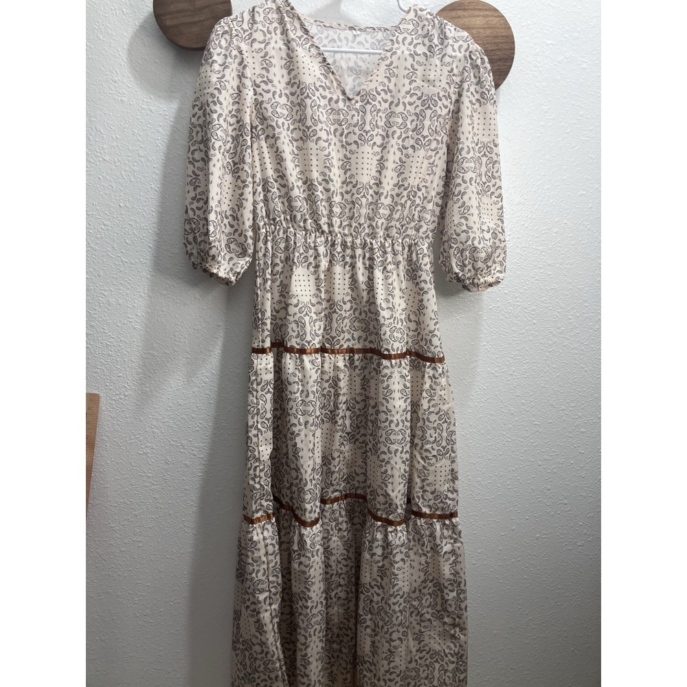 Neutral Floral Prairie Boho Tiered Maxi Dress Women's Size Small Cottagecore